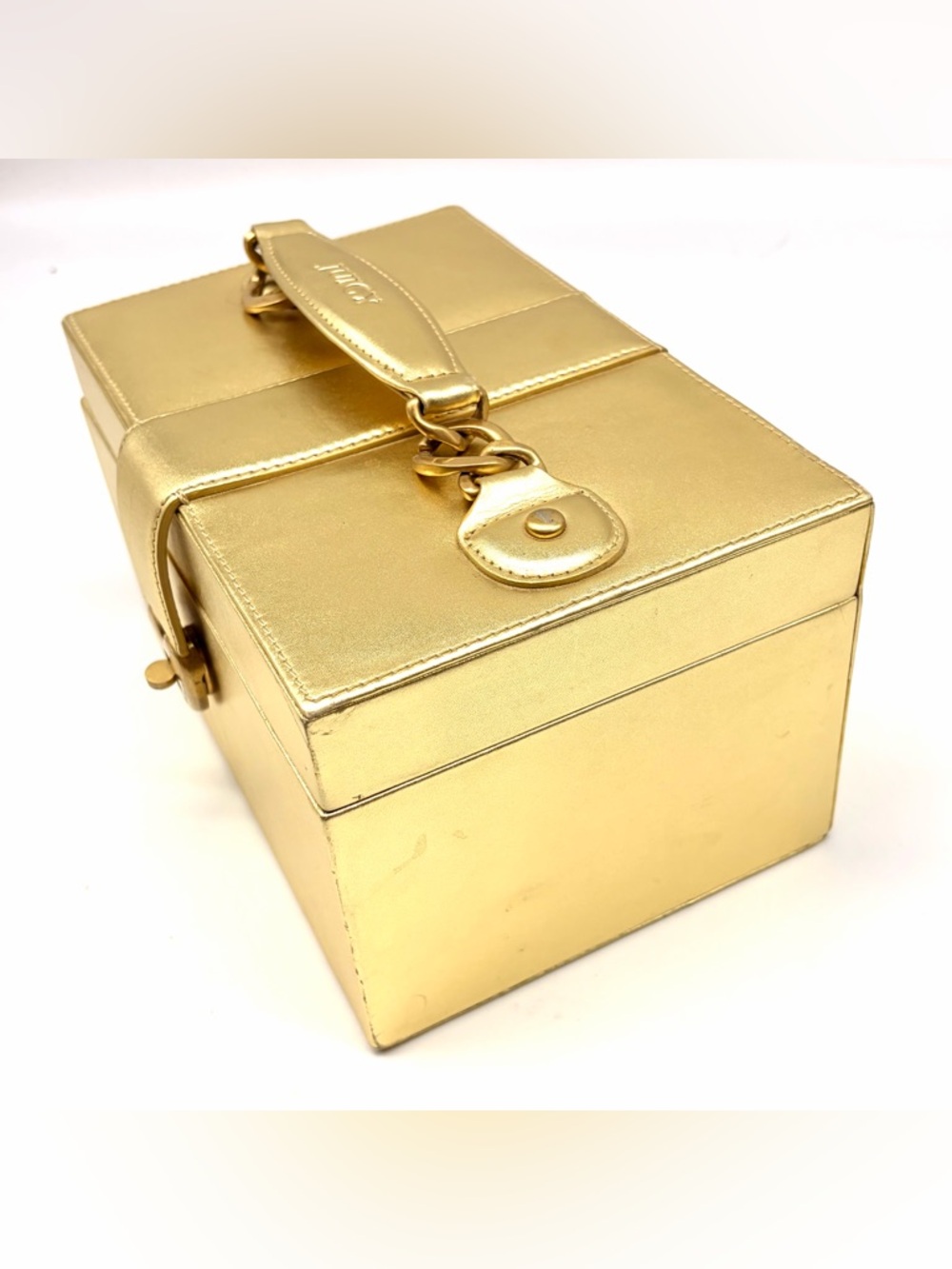 Juicy Couture Gold Leather Mirror Jewelry Box Metallic Large Lock Train Case Y2K - Picture 5 of 12